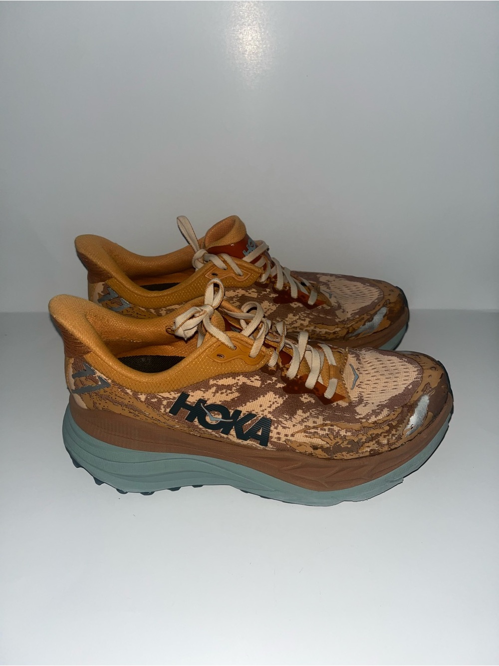 Hoka Women’s Trail Shoes in Tan and Sage Green